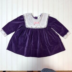 Vintage Purple Velvet Velour Toddler Dress 2T Lace Collar Cotton